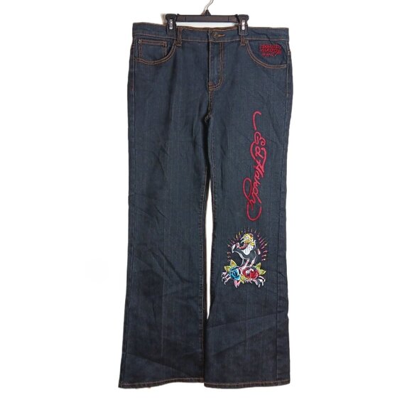 Vintage Ed Hardy Embroidered Jeans Womens 19/20 Black High Rise Painted Bootcut